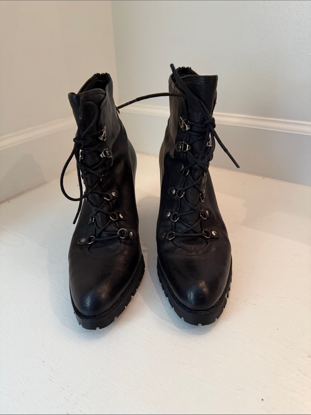 Stuart Weitzman Black Leather Lace-Up Ankle Boots